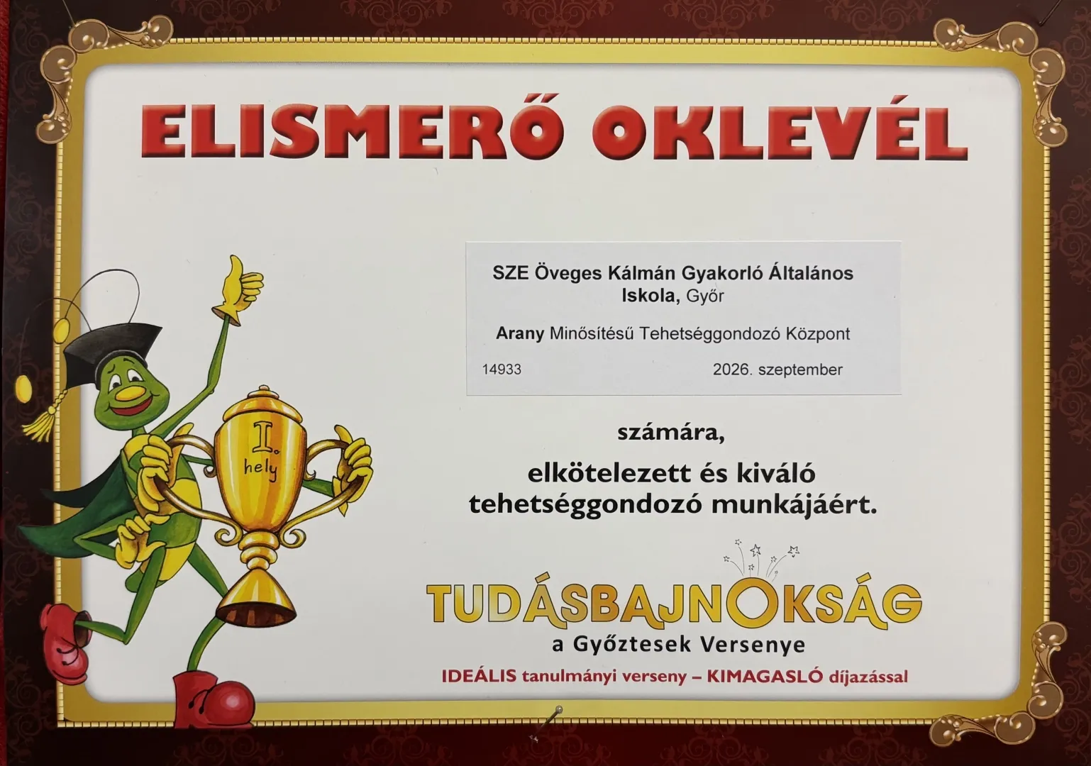 Tudásbajnokság - elismerés és köszönet Tudásbajnokság - elismerés és köszönet